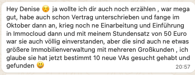 WhatsApp-Nachricht einer Teilnehmerin von Own Your Income