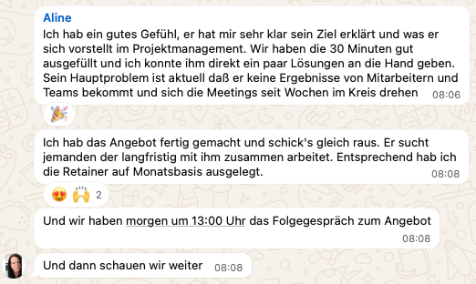 WhatsApp-Nachricht einer Teilnehmerin von Own Your Income
