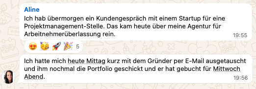 WhatsApp-Nachricht einer Teilnehmerin von Own Your Income