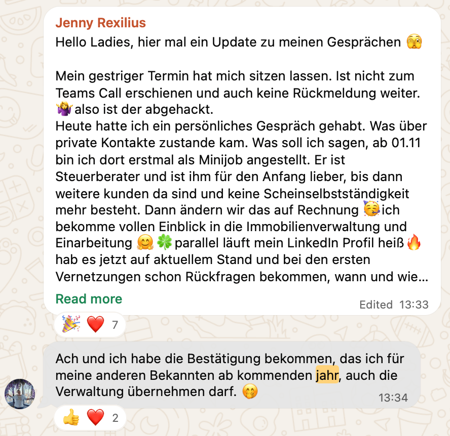 WhatsApp-Nachricht einer Teilnehmerin von Own Your Income