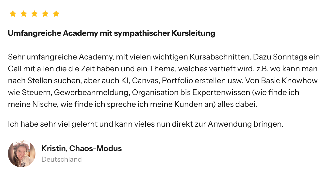 Bewertung einer Teilnehmerin von Own Your Income