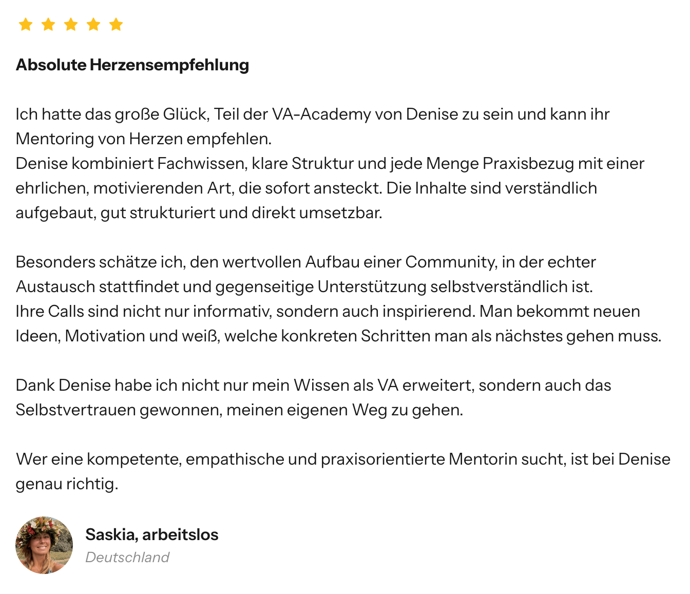 Bewertung einer Teilnehmerin von Own Your Income